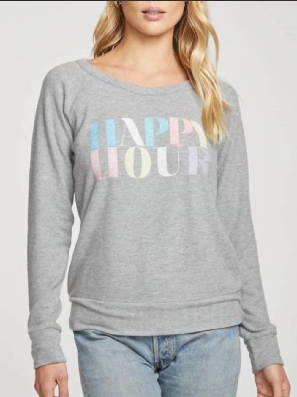 Chaser Gray Crewneck Sweatshirt with Multicolor "HAPPY HOUR" Lettering